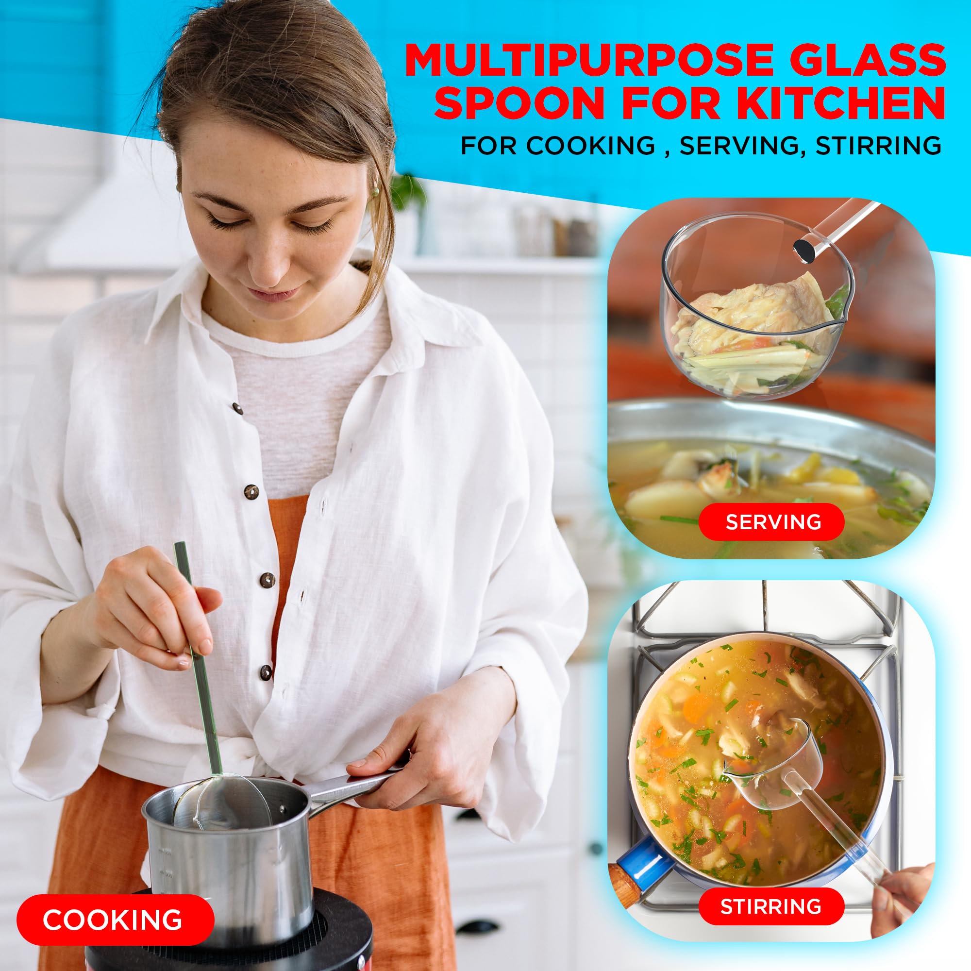 Quiksparq Multipurpose Glass Spoon And Ladle - Heat Resistant Borosilicate Karandi For Cooking, Serving, And Stirring (Yellow)